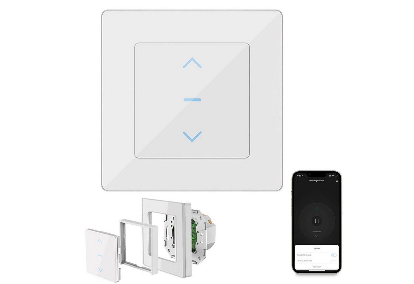MODFU Schalter Smart WLAN Rollladenschalter Touch Vorhangschalter (elektrisch Rollladenschalter aus schwer entflammbarem ABS-Material, 1-St., mit App-Steuerung Überlastschutz Zeitplanfunktion und Touch-Bedienung), kompatibel mit Einzel- & Mehrfachrahmen von MODFU