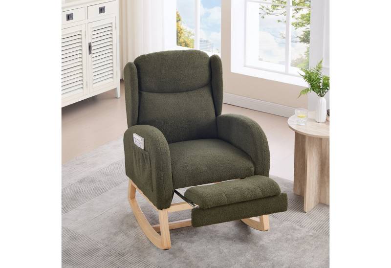MODFU Schaukelstuhl Lounge-Sessel im modernen Design (mit Teddy-Stoff, verstellbare Fußstütze & Holzgestell) von MODFU