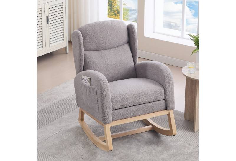 MODFU Schaukelstuhl Lounge-Sessel im modernen Design (mit Teddy-Stoff, verstellbare Fußstütze & Holzgestell) von MODFU
