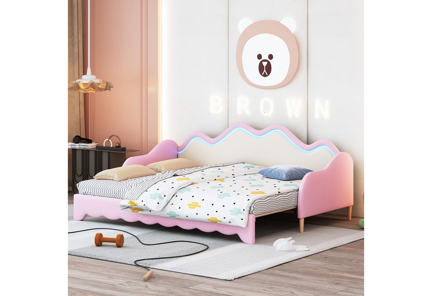 MODFU Schlafsofa 2-in-1 Multifunktions-Polsterbett, Kinderbett aus Kunstleder mit LED-Beleuchtung, mit Lattenrost, 90(180)*190cm, ohne Matratze von MODFU