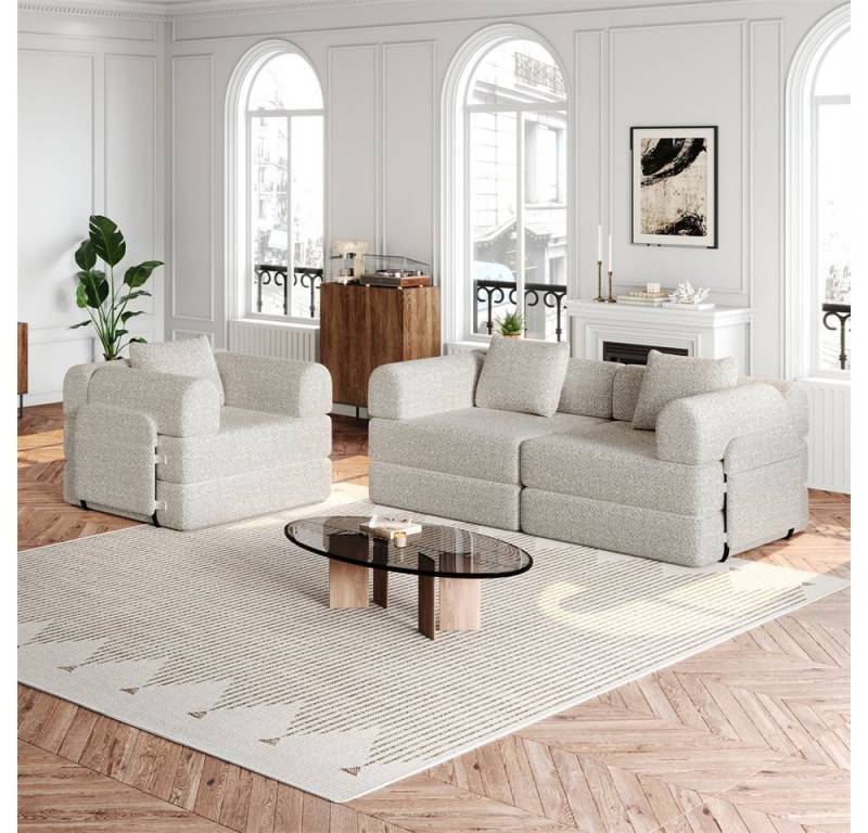 MODFU Schlafsofa Chenille-Schlafsessel 2-in-1, mit Staufach in der Armlehne, Metallrahmen und mehreren Konfigurationsmöglichkeiten 3 Teile, mit Relaxfunktion von MODFU