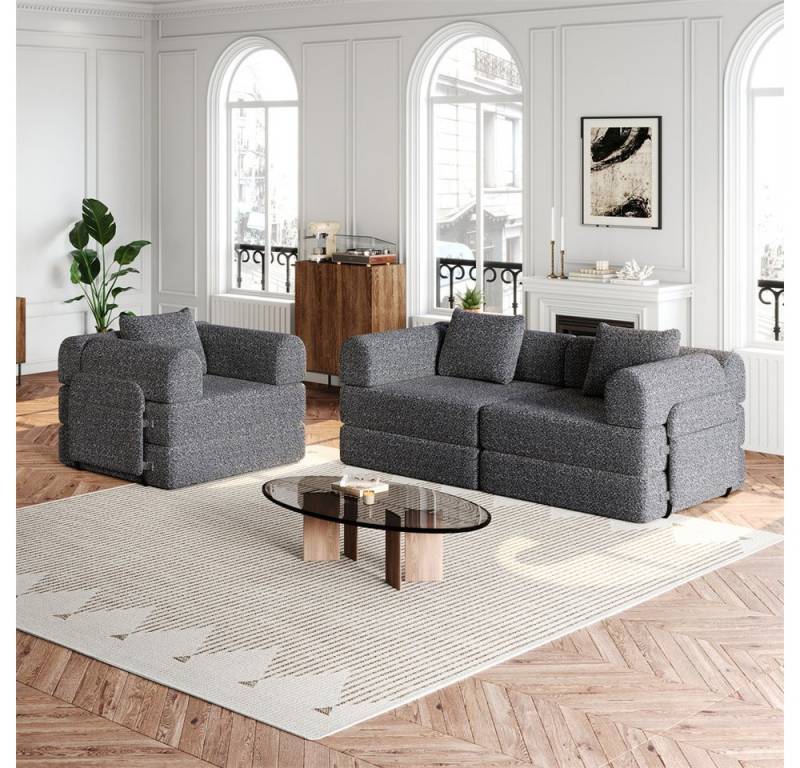 MODFU Schlafsofa Chenille-Schlafsessel 2-in-1, mit Staufach in der Armlehne, Metallrahmen und mehreren Konfigurationsmöglichkeiten 3 Teile, mit Relaxfunktion von MODFU