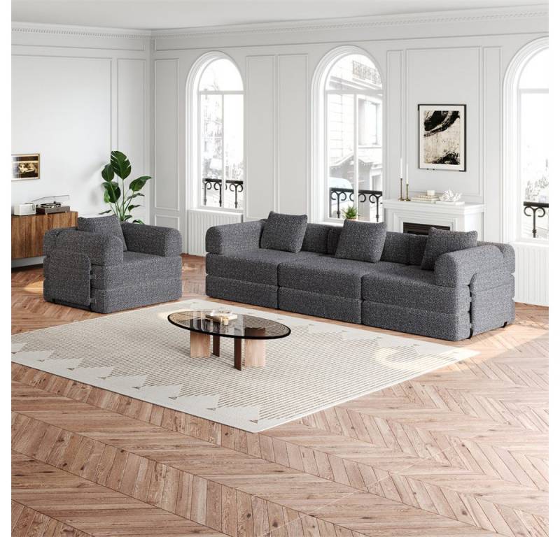 MODFU Schlafsofa Chenille-Schlafsessel 2-in-1, mit Staufach in der Armlehne, Metallrahmen und mehreren Konfigurationsmöglichkeiten 4 Teile, mit Relaxfunktion von MODFU