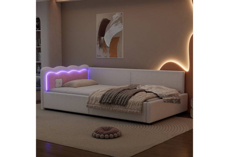 MODFU Schlafsofa Daybett Tagesbett Polsterbett Einzelbett Kinderbett Funktionsbett, mit LED-Umgebungslicht und Fernbedienung – Rosa Schlafsofa aus Vliesimitat und MDF, ideal für Schlafzimmer und Wohnzimmer, einfacher Aufbau, Ohne Matratze 90x200 cm von MODFU
