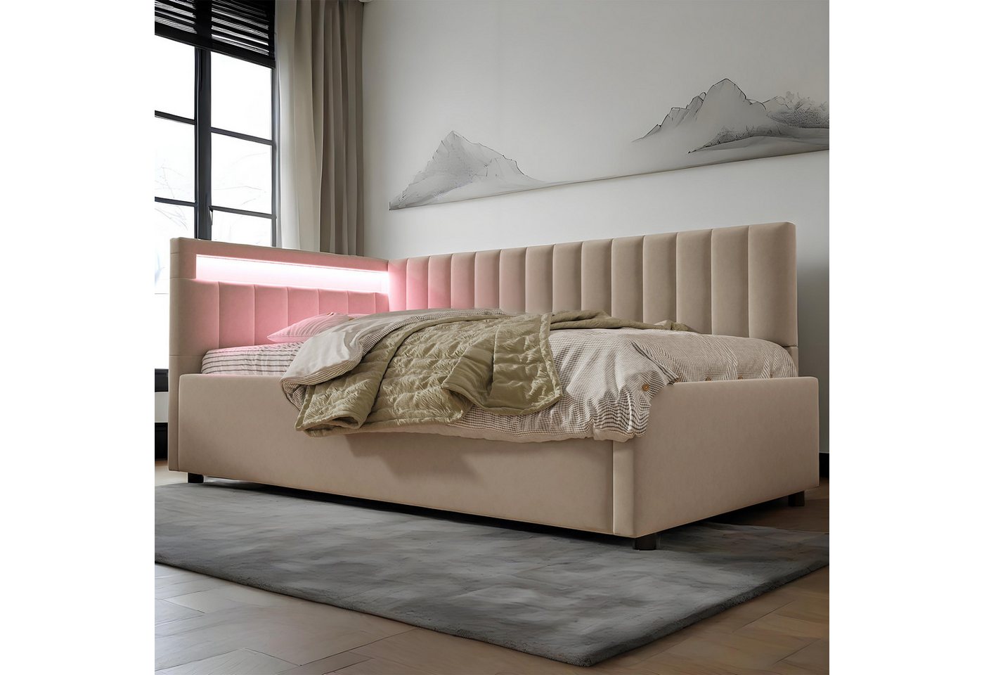 MODFU Schlafsofa Kinderbett, 90x200 cm mit LED-Beleuchtung, hydraulischem Stauraum, Polsterbett Stauraumbett, verstellbarem Kopfteil & Samtbezug, mit Matratze von MODFU