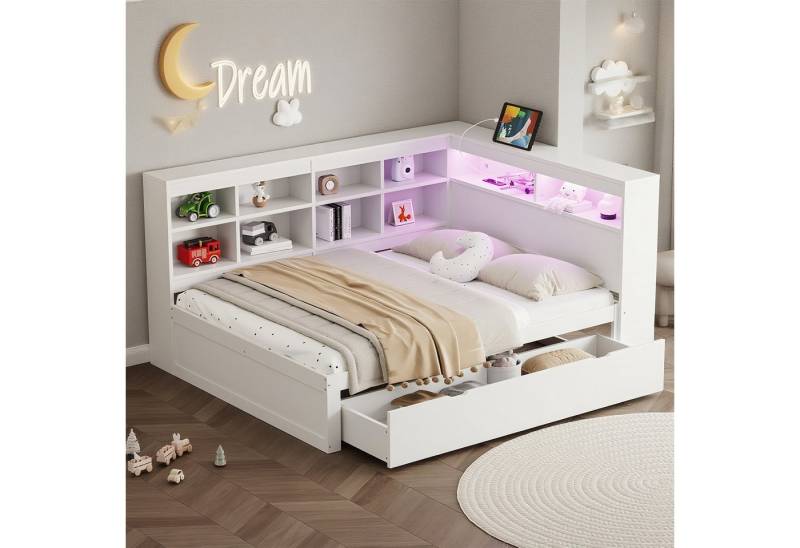 MODFU Schlafsofa Kinderbett, mit viel Stauraum, USB-Steckdose & LED-Lichtleiste, Holzbett 140x200 cm, Inklusive Matratze von MODFU