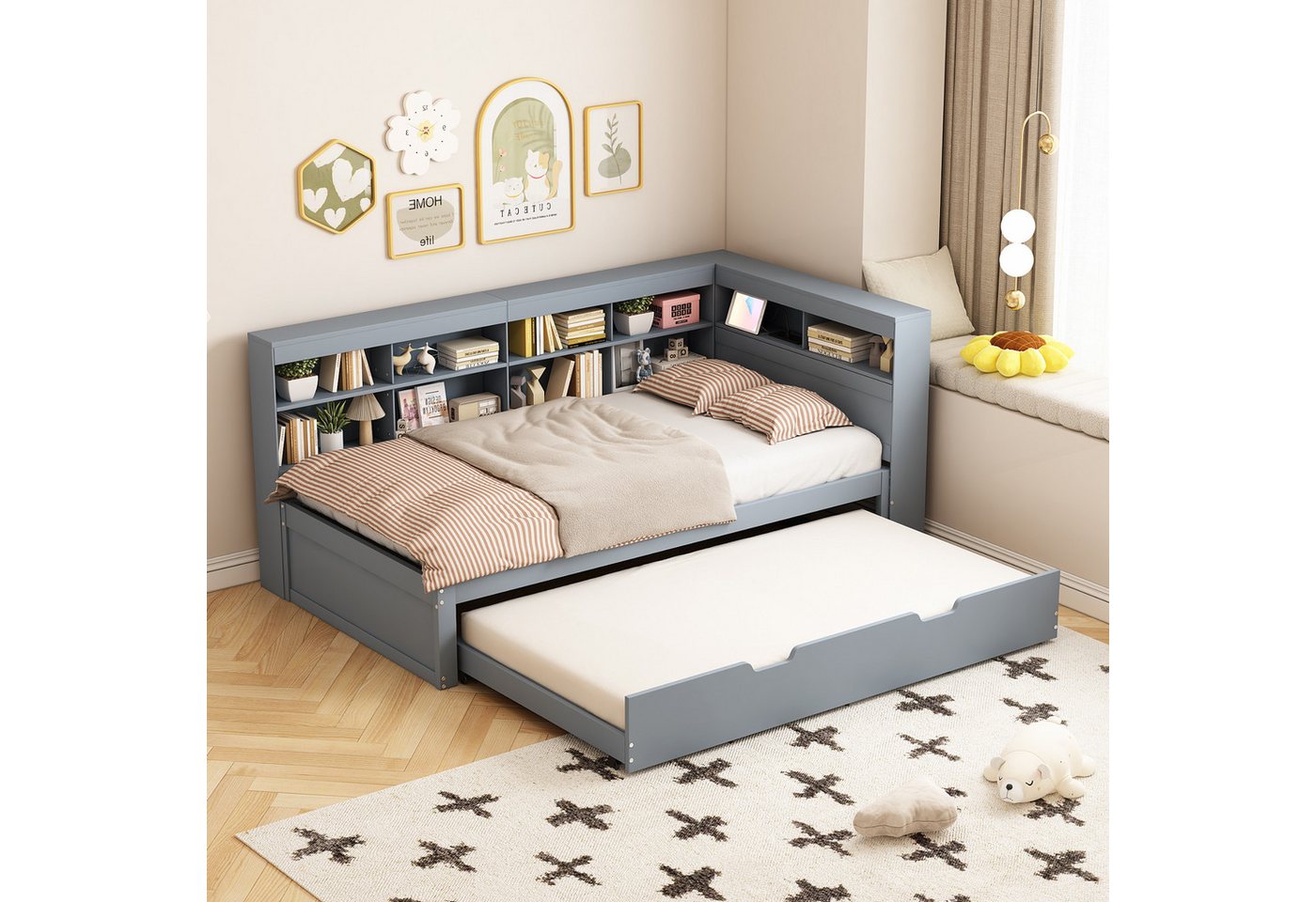 MODFU Schlafsofa Kinderbett mit USB-Steckdose und mehreren Ablagefächern, Mit Räummaschine, Massivholzbett, Doppelbett, Multifunktionsbett aus Holz, ohne Matratze von MODFU