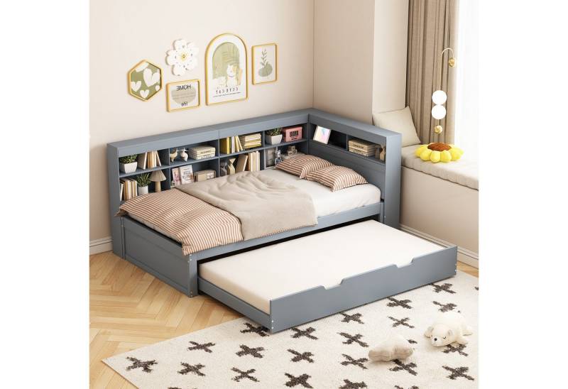 MODFU Schlafsofa Kinderbett mit USB-Steckdose und mehreren Ablagefächern, Mit Räummaschine, Massivholzbett, Doppelbett, Multifunktionsbett aus Holz, ohne Matratze von MODFU