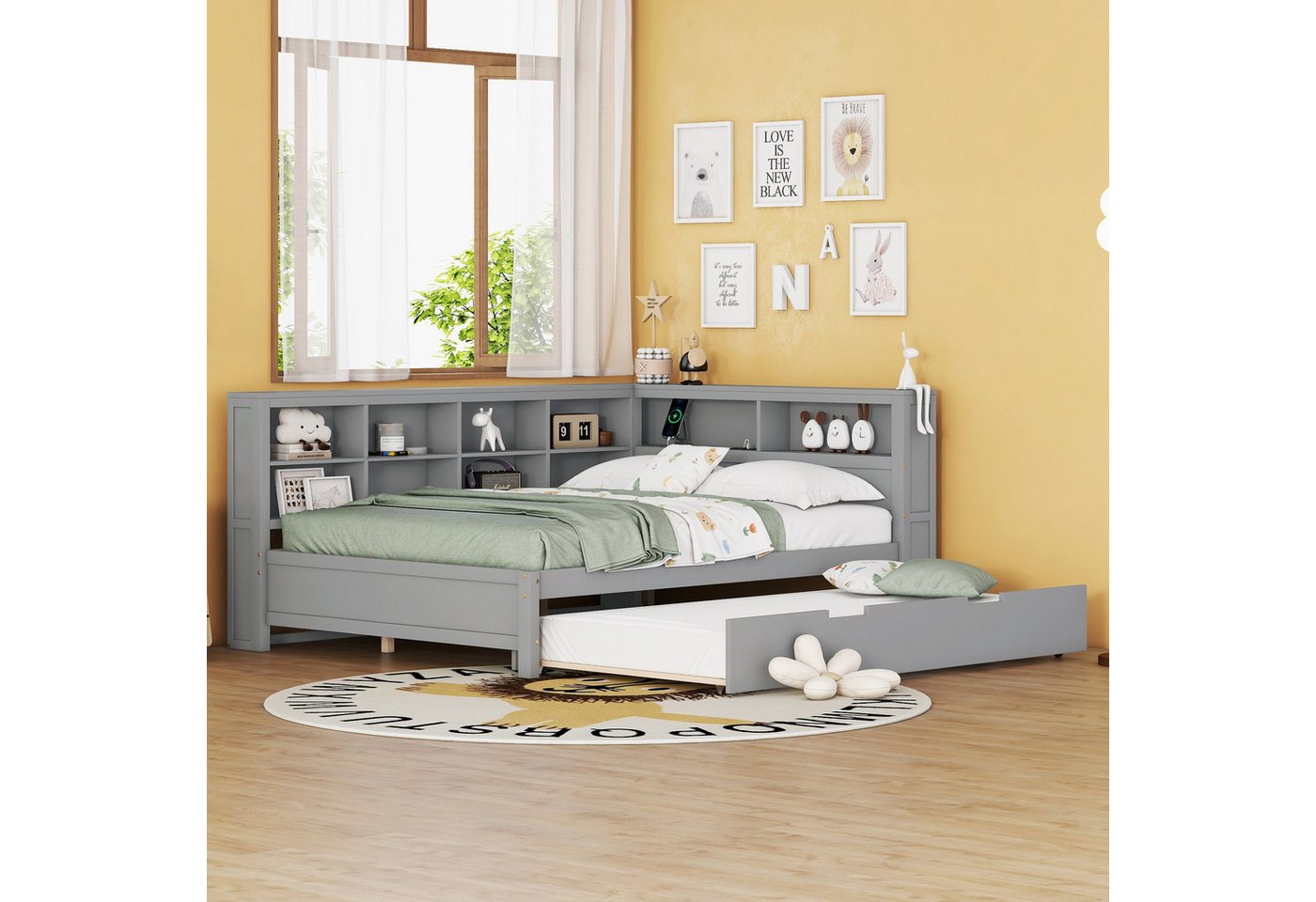 MODFU Schlafsofa Kinderbett mit USB-Steckdose und mehreren Ablagefächern, Mit Räummaschine, ohne Matratze MODFU Schlafsofa Kinderbett mit USB-Steckdose und mehreren Ablagefächern, Mit Räummaschine, ohne Matratze von MODFU