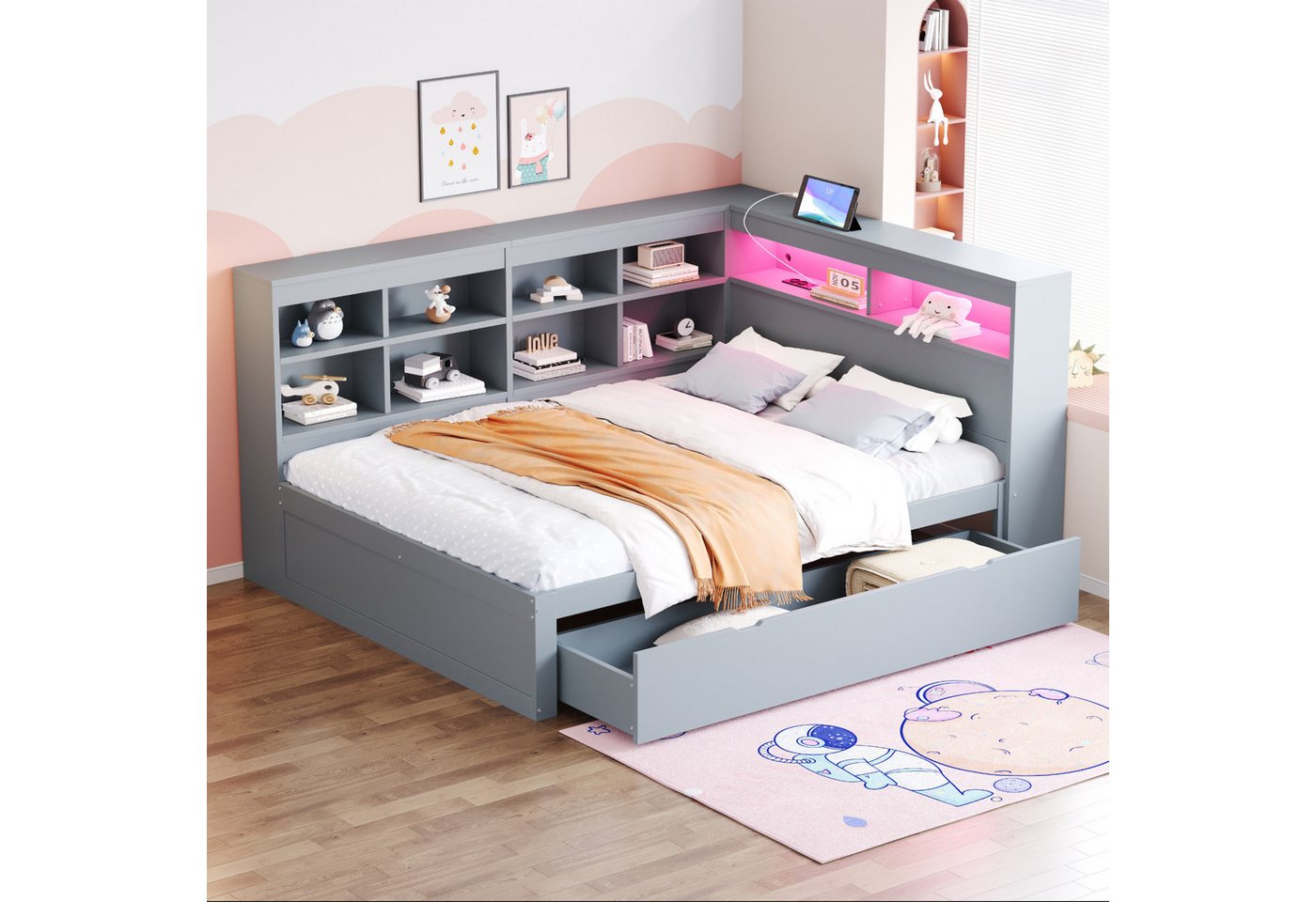 MODFU Schlafsofa Kinderbett mit USB-Steckdose und mehreren Ablagefächern, Multifunktionales Massivholz Tagesbett 140x200 cm, LED-Beleuchtung und viel Stauraum, Modernes Design, mit Schubladen, Regalen, Daybett für Schlafzimmer und Gästezimmer, für Erwachsene und Teenager, mit Matratze von MODFU