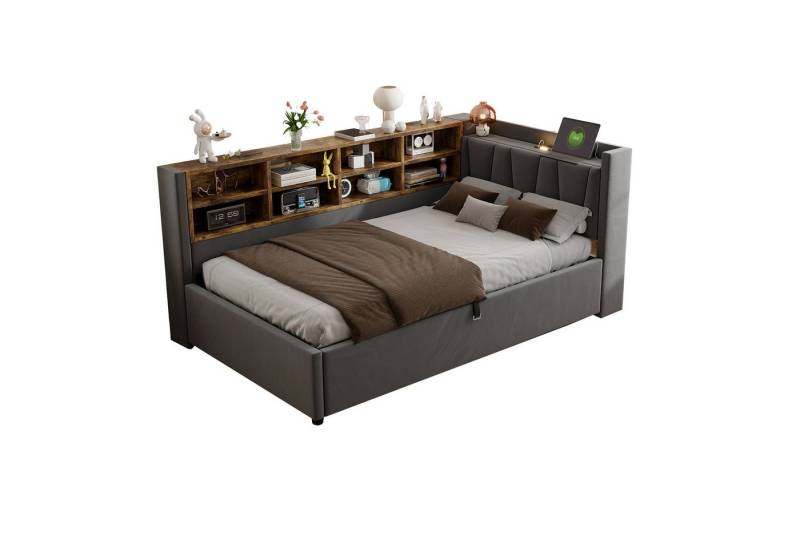 MODFU Schlafsofa Mit Hydraulischem Stauraum, Nachtlicht, USB & Typ-C Ladeanschlüssen, Samt,Polsterbett mit Ablagen und Staufächern, Multifunktionales Kinderbett 90x200 cm, ohne Matratze MODFU Schlafsofa Mit Hydraulischem Stauraum, Nachtlicht, USB & Typ-C Ladeanschlüssen, Samt,Polsterbett mit Ablagen und Staufächern, Multifunktionales Kinderbett 90x200 cm, ohne Matratze von MODFU