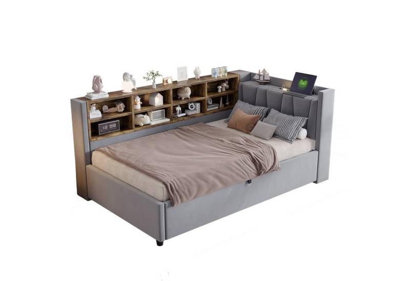 MODFU Schlafsofa Mit Hydraulischem Stauraum, Nachtlicht, USB & Typ-C Ladeanschlüssen, Samt,Polsterbett mit Ablagen und Staufächern, Multifunktionales Kinderbett 90x200 cm, ohne Matratze MODFU Schlafsofa Mit Hydraulischem Stauraum, Nachtlicht, USB & Typ-C Ladeanschlüssen, Samt,Polsterbett mit Ablagen und Staufächern, Multifunktionales Kinderbett 90x200 cm, ohne Matratze von MODFU