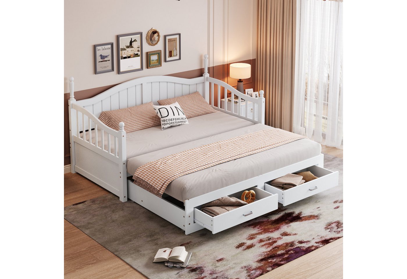 MODFU Schlafsofa Multifunktionales Zwei-in-Eins-Tagesbett, Ausziehbares Schlafsofa aus Massivholz 90x190cm bis 180x190cm – Mit eleganter römischer Säule, geschwungener Rückenlehne, Stauraum-Schubladen, stabiler Lattenrost, ohne Matratze von MODFU