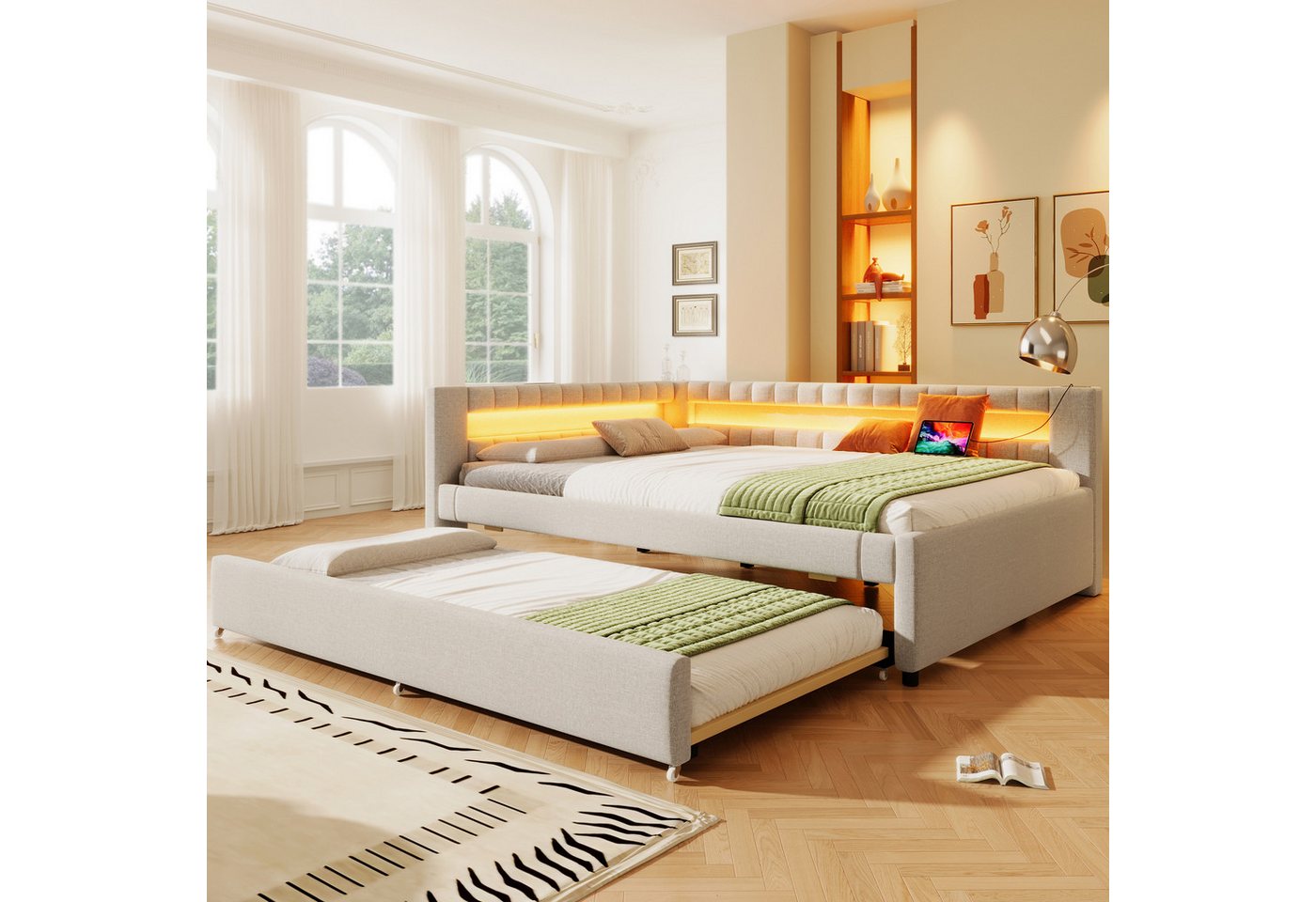 MODFU Schlafsofa Polsterbett, 140x200 mit LED-Lichtleiste & USB/Type-C – Ausziehbett ohne Matratze, ohne Matratze von MODFU