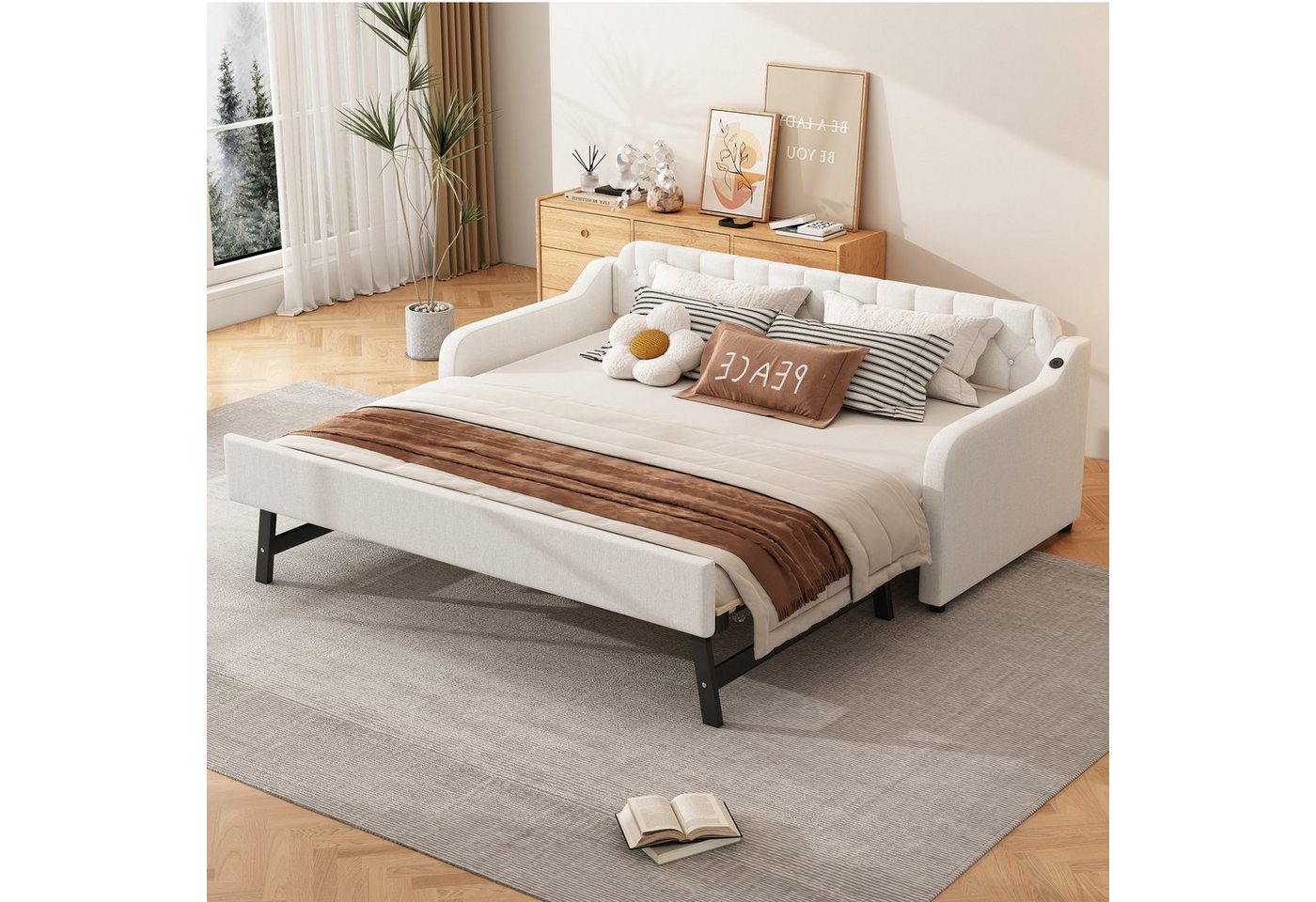 MODFU Schlafsofa Polsterbett Daybett Tagesbett Einzelbett Kinderbett Jugendbett, Schlafsofa mit ausziehbarem Rollbett und USB-Anschluss, ohne Matratze von MODFU