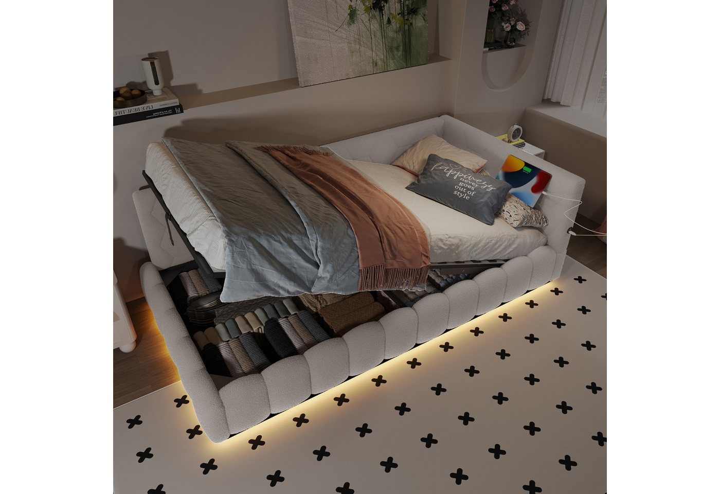 MODFU Schlafsofa Polsterbett mit LED, USB & Stauraum, Daybett Tagesbett 90x200, hautfreundliches Polster mit Lattenrost, ohne Matratze von MODFU