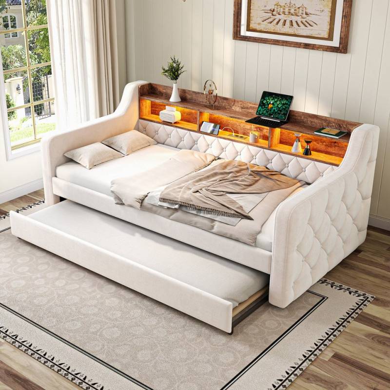 MODFU Schlafsofa Samt-Polsterbett mit integriertem Ausziehbett, mit LED-Beleuchtung und USB-C-Anschluss, Funktionsbett 90x190/90x190 cm, ohne Matratze MODFU Schlafsofa Samt-Polsterbett mit integriertem Ausziehbett, mit LED-Beleuchtung und USB-C-Anschluss, Funktionsbett 90x190/90x190 cm, ohne Matratze von MODFU