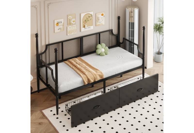 MODFU Schlafsofa Stauraumbett Kinderbett, mit Vintage-Netzrückenlehne & Armlehnen, Stabiler Metallrahmen mit Ablagefächern 90x200cm, Inklusive Matratze von MODFU