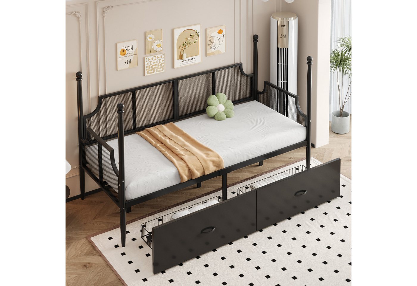 MODFU Schlafsofa Stauraumbett Kinderbett, mit Vintage-Netzrückenlehne & Armlehnen, Stabiler Metallrahmen mit Ablagefächern 90x200cm, ohne Matratze von MODFU