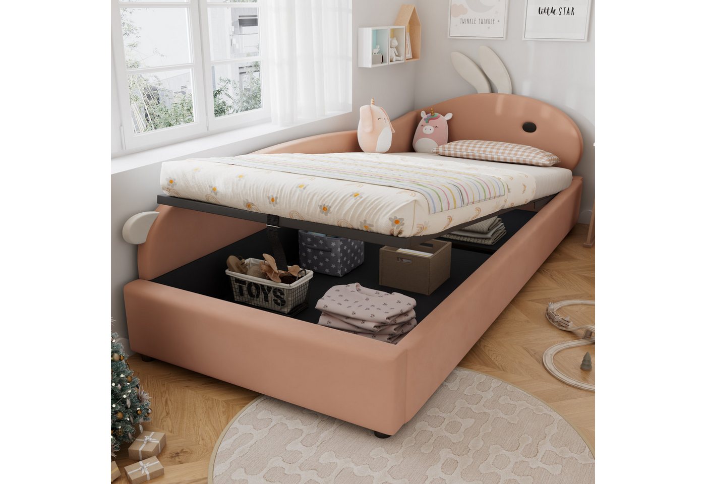 MODFU Schlafsofa mit Häschen-Kopfteil & Schutzzaun, Kinderbett mit hydraulischem Stauraum, Polsterbett, Samt 90x200cm, Inklusive Matratze MODFU Schlafsofa mit Häschen-Kopfteil & Schutzzaun, Kinderbett mit hydraulischem Stauraum, Polsterbett, Samt 90x200cm, Inklusive Matratze von MODFU