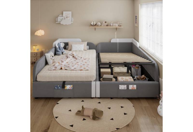 MODFU Schlafsofa mit Hydraulischem Stauraum, Kinderbett mit Erhöhtem Weichen Zaun, Aufbewahrungstasche, Polsterbett 90x200/180x200 cm, Inklusive Matratze von MODFU