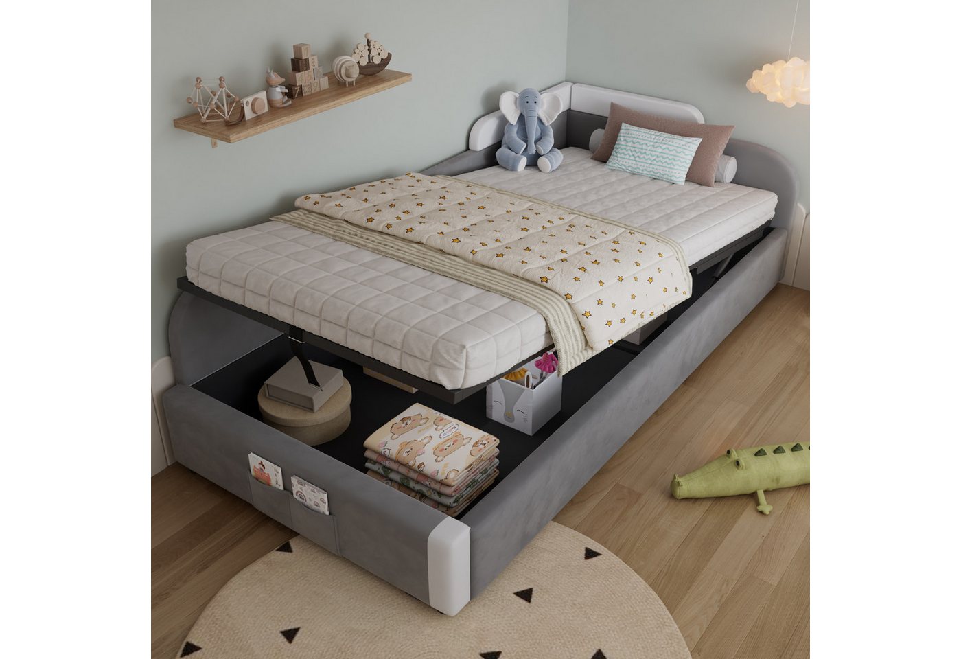 MODFU Schlafsofa mit Hydraulischem Stauraum, Kinderbett mit Erhöhtem Weichen Zaun, Aufbewahrungstasche, Polsterbett 90x200cm, Inklusive Matratze MODFU Schlafsofa mit Hydraulischem Stauraum, Kinderbett mit Erhöhtem Weichen Zaun, Aufbewahrungstasche, Polsterbett 90x200cm, Inklusive Matratze von MODFU