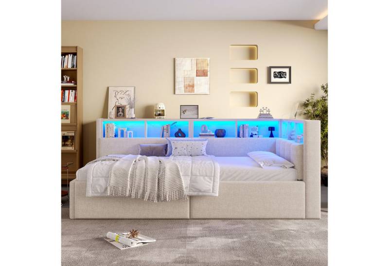 MODFU Schlafsofa mit Leinenbezug, Kinderbett Polsterbett, inkl. hydraulischem Stauraum, LED-Streifenlicht und USB-/Typ-C-Anschlüssen 90x200cm, ohne Matratze MODFU Schlafsofa mit Leinenbezug, Kinderbett Polsterbett, inkl. hydraulischem Stauraum, LED-Streifenlicht und USB-/Typ-C-Anschlüssen 90x200cm, ohne Matratze von MODFU