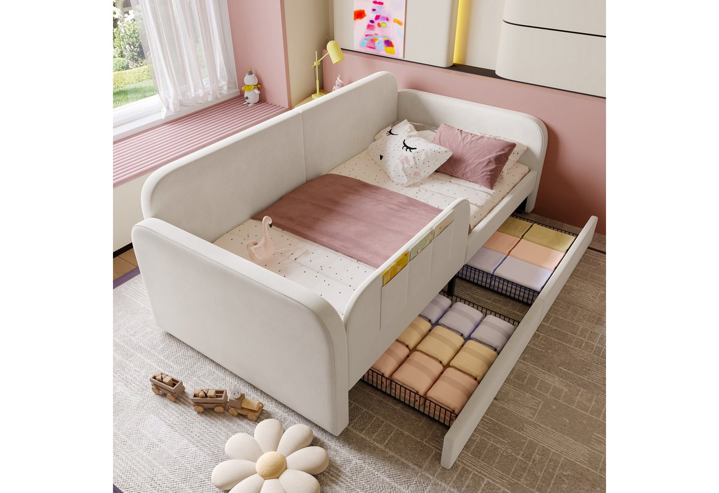 MODFU Schlafsofa mit Stauraum, Schlafsofa für Kinder mit 2 Schubladen, Polsterbett Kinderbett, erhöhten Seitenteilen und Samtbezug - Praktisches 90x200 cm, Inklusive Matratze von MODFU