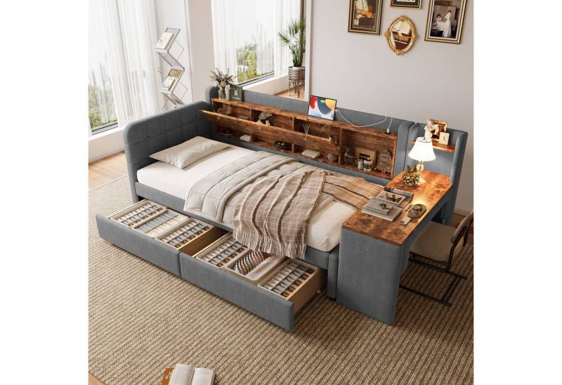 MODFU Schlafsofa mit USB & Typ-C Anschlüsse, Polsterbett mit 2 Schubladen, individuell montierbarem Schreibtisch, Kinderbett 90x200 cm, ohne Matratze von MODFU