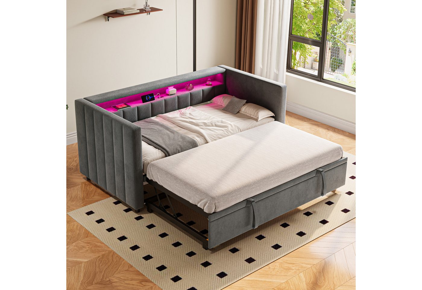 MODFU Schlafsofa mit ausziehbarem Bett, Funktionsbett mit LED-Ambiente und USB-Anschluss, Polsterbett 90x190/180x190 cm, ohne Matratze MODFU Schlafsofa mit ausziehbarem Bett, Funktionsbett mit LED-Ambiente und USB-Anschluss, Polsterbett 90x190/180x190 cm, ohne Matratze von MODFU