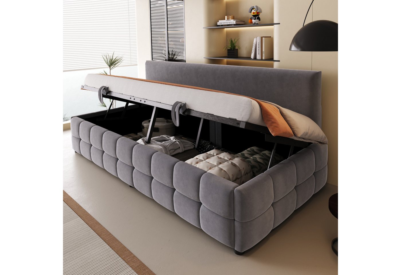 MODFU Schlafsofa ohne Armlehnen, Samt Polsterbett mit hydraulischem Stauraum, klassisches Karomuster, Stauraumbett 90x200 cm, ohne Matratze MODFU Schlafsofa ohne Armlehnen, Samt Polsterbett mit hydraulischem Stauraum, klassisches Karomuster, Stauraumbett 90x200 cm, ohne Matratze von MODFU