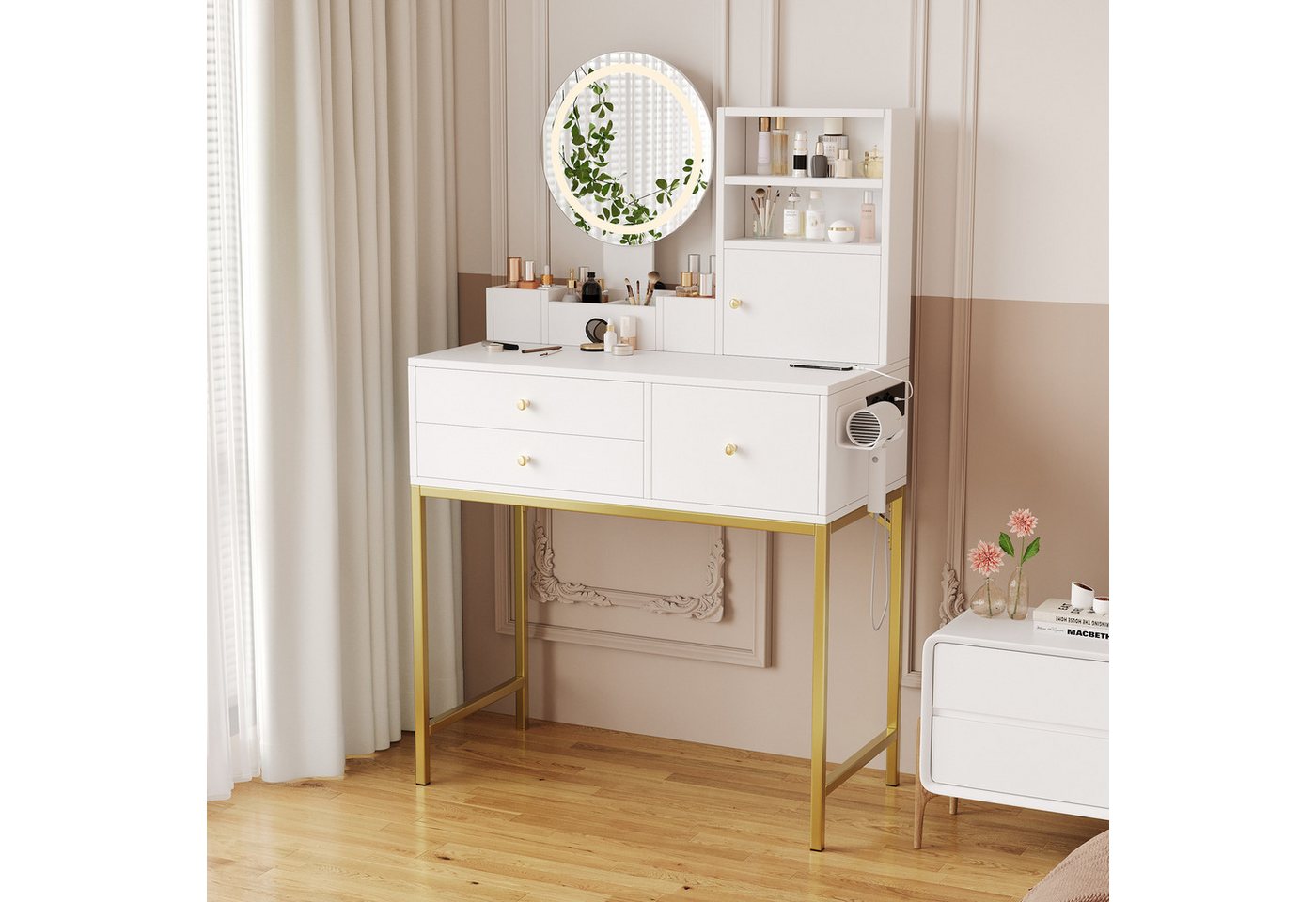 MODFU Schminktisch Kosmetiktisch (Großer Schminktisch mit dimmbarer LED-Beleuchtung, Föhnhalter & USB-Anschlüssen, 1-St., B80D40/H134 cm) von MODFU
