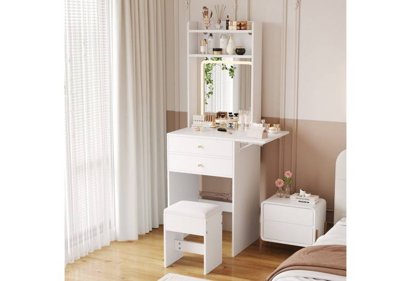 MODFU Schminktisch Kosmetiktisch (Platzsparender Schminktisch mit klappbarer Tischplatte & LED – mit Hocker, Stauraum & Spiegel, 1-St., B75/D45/H156 cm), Mit Kippsicherung von MODFU