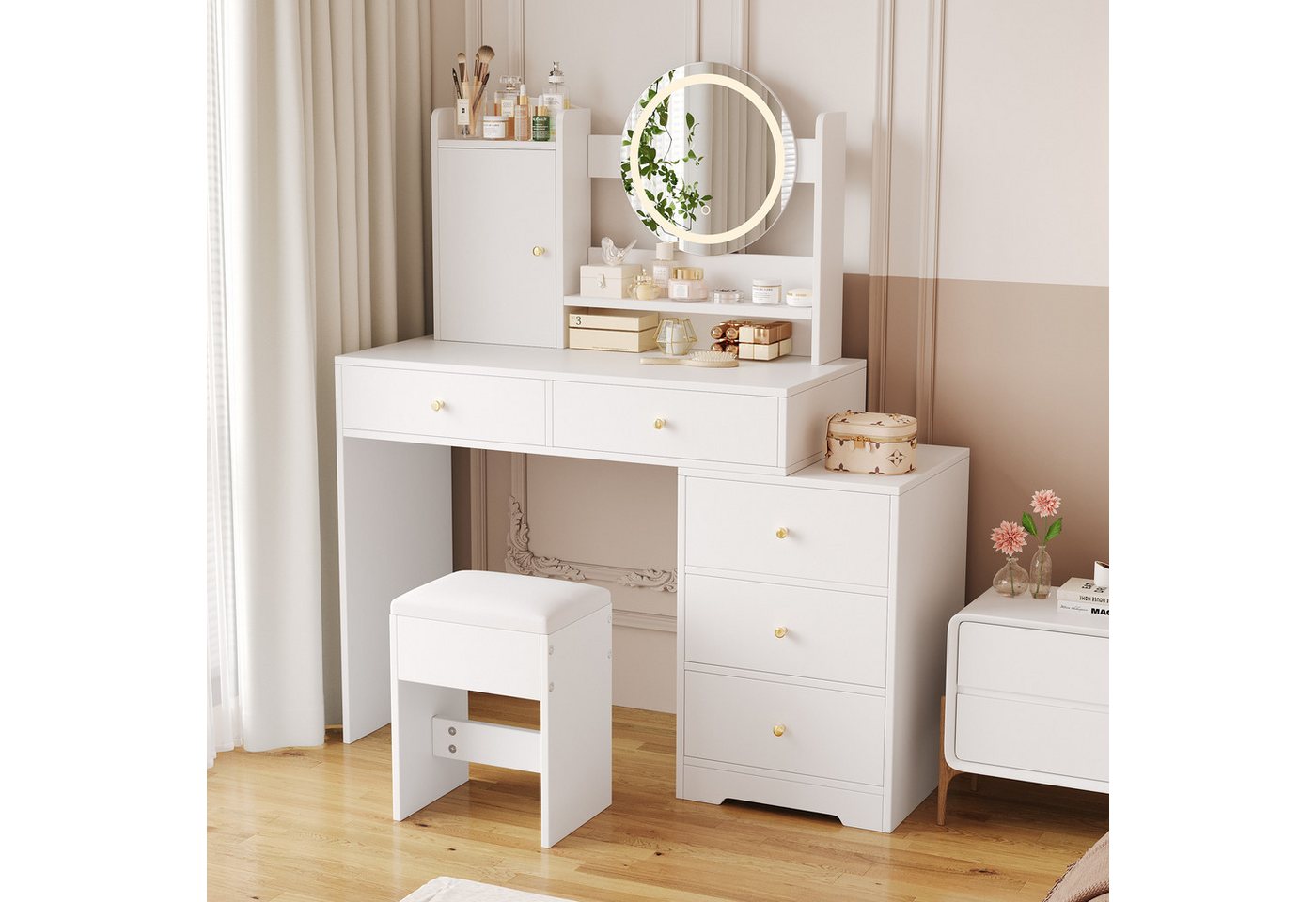 MODFU Schminktisch Kosmetiktisch (Schminktisch mit LED, Hocker & Steckdosen – 5 Schubladen & Türfach für Schlafzimmer, Jugendzimmer & Geschenkideen – dimmbare Beleuchtung in 3 Farben, 1-St., B90 × H132 × T40 cm), Mit Kippsicherung von MODFU