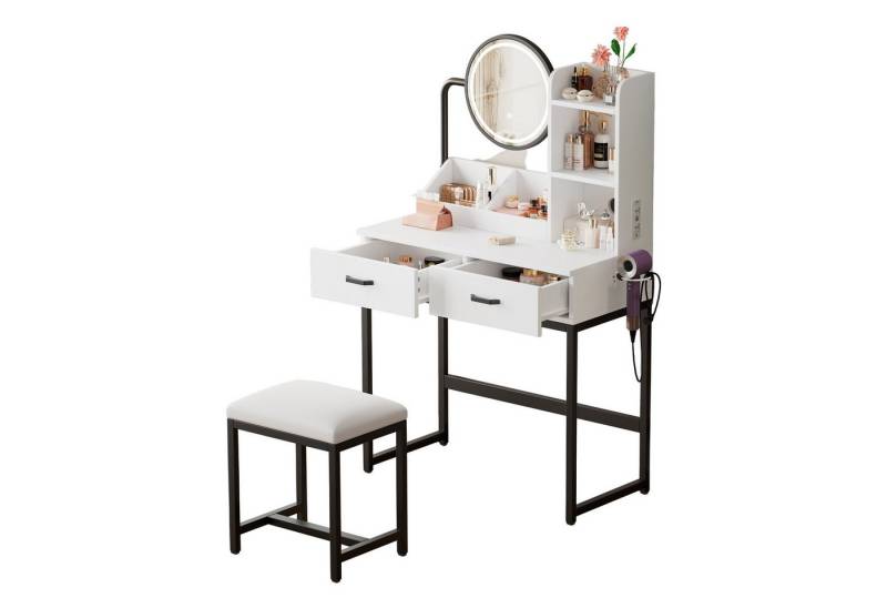 MODFU Schminktisch Kosmetiktisch (mit LED-Beleuchtung & drehbarem Spiegel – Inklusive Hocker und goldenen/schwarzen Metallbeinen, 2 Schubladen & 2 Ablageflächen., B80D40/H138.5 cm) von MODFU