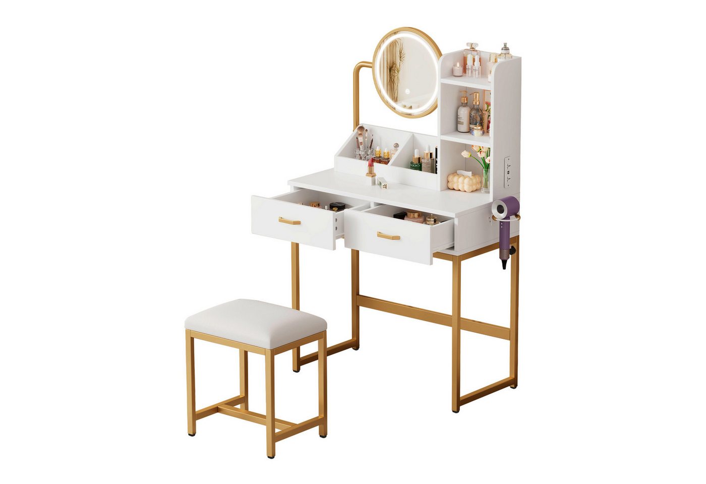 MODFU Schminktisch Kosmetiktisch (mit LED-Beleuchtung & drehbarem Spiegel – Inklusive Hocker und goldenen/schwarzen Metallbeinen, 2 Schubladen & 2 Ablageflächen., B80D40/H138.5 cm) von MODFU