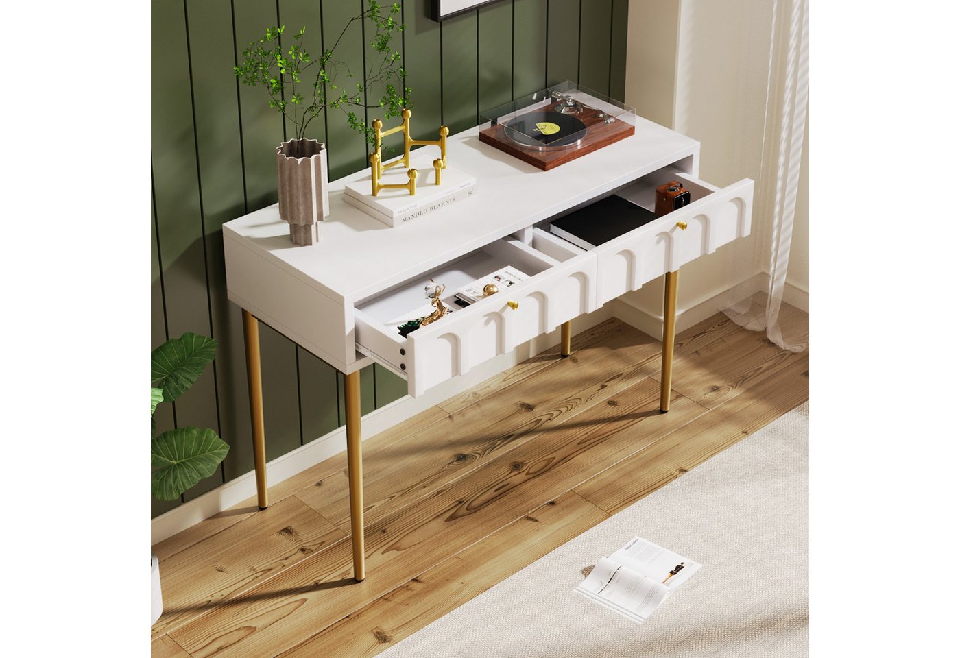 MODFU Schminktisch mit gewölbten Fronten, Kommode Konsole Beistelltisch mit Stauraum (H76.5/B100/T45 cm, in Creme-Weiß), mit 2 Schubladen von MODFU