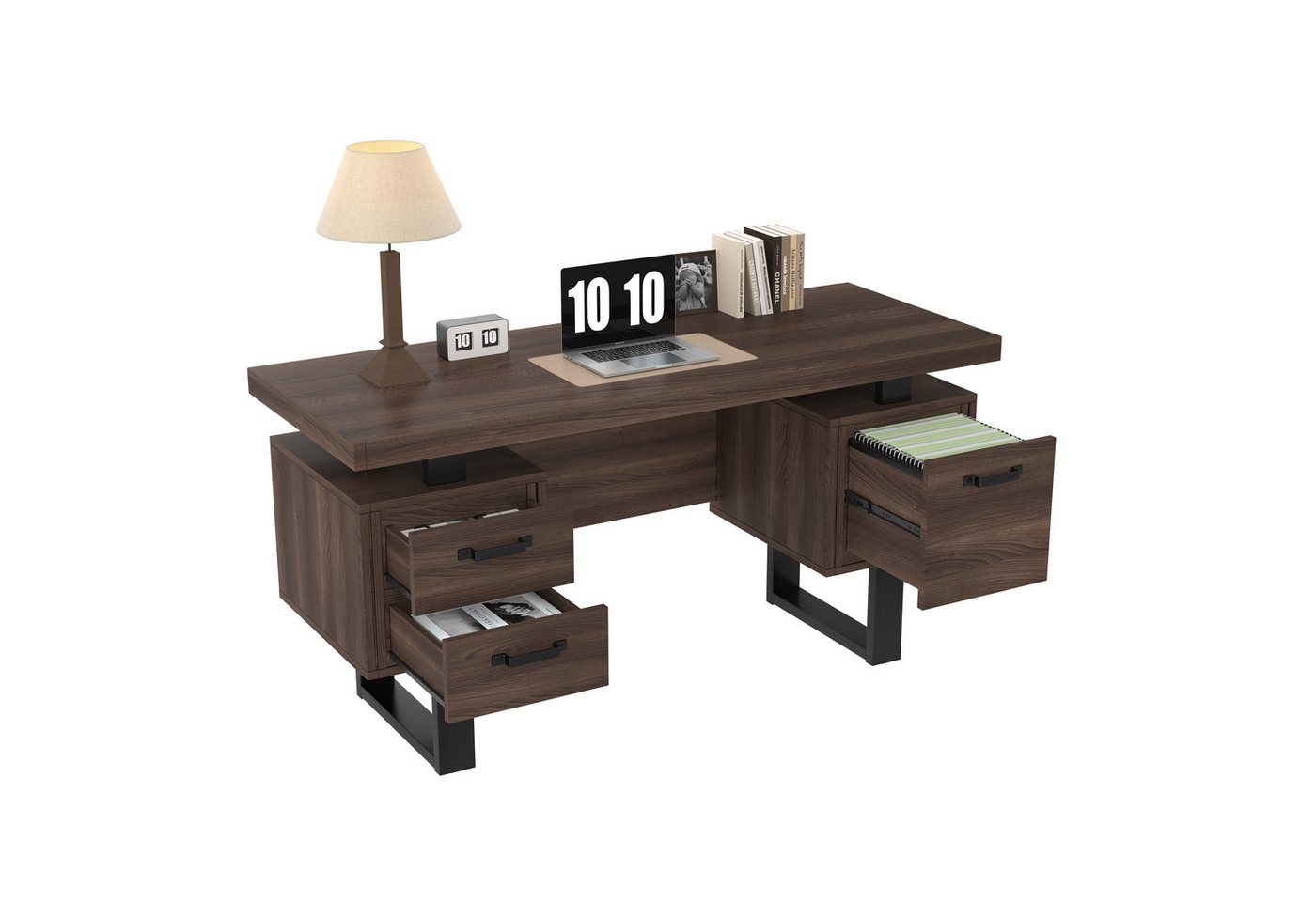 MODFU Schreibtisch Einfacher Büroschreibtisch (Moderner Büroschreibtisch aus MDF & Stahlrohr, geräuschlose Schubladen, Ordnerschubfach, braun, 135 x 54 x 76cm) von MODFU