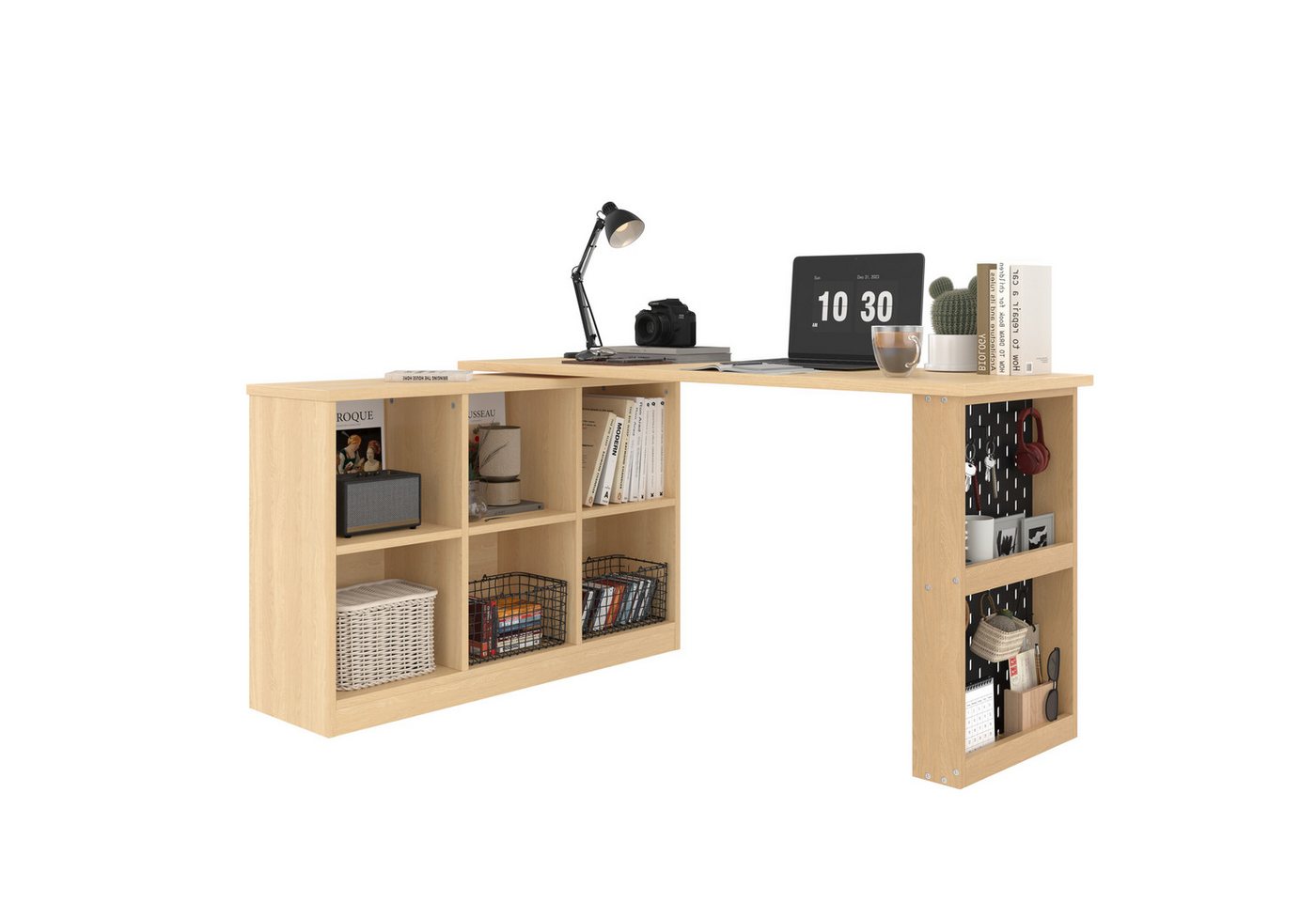 MODFU Schreibtisch Multifunktionaler Bürotisch (Multifunktionaler Bürotisch mit 6 Ablagefächern, Lochplatte, wandelbarem Design, hoher Tragfähigkeit, 140 x 104 x 75cm) von MODFU