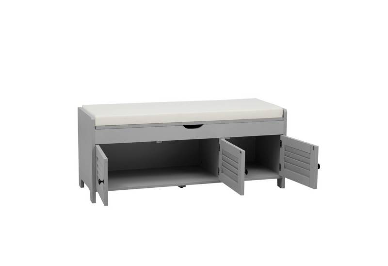 MODFU Schuhbank Moderne schuhbank,schuhregal (Moderne Schuhbank mit Sitzfläche, großem Stauraum & Hydraulik-Mechanismus, Jalousietüren, ideal für Flur & Wohnzimmer, Robuste Konstruktion, elegantes Design, bis 60 kg Tragfähigkeit, 34.5 x 23 cm), mit drei Jalousietür und oben verstecktem Stauraum von MODFU