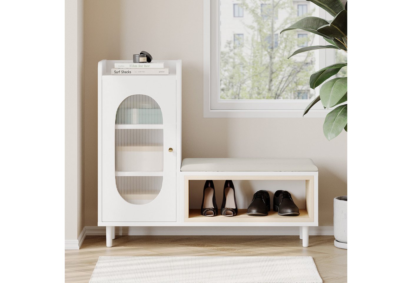 MODFU Schuhbank mit Seitenschrank (Schuhbank ausgestattet mit Metallgriffen und 1 Tür aus Glas, Maße:B110/H90/T36 cm), für Flur, Schlafzimmer, Wohnung von MODFU