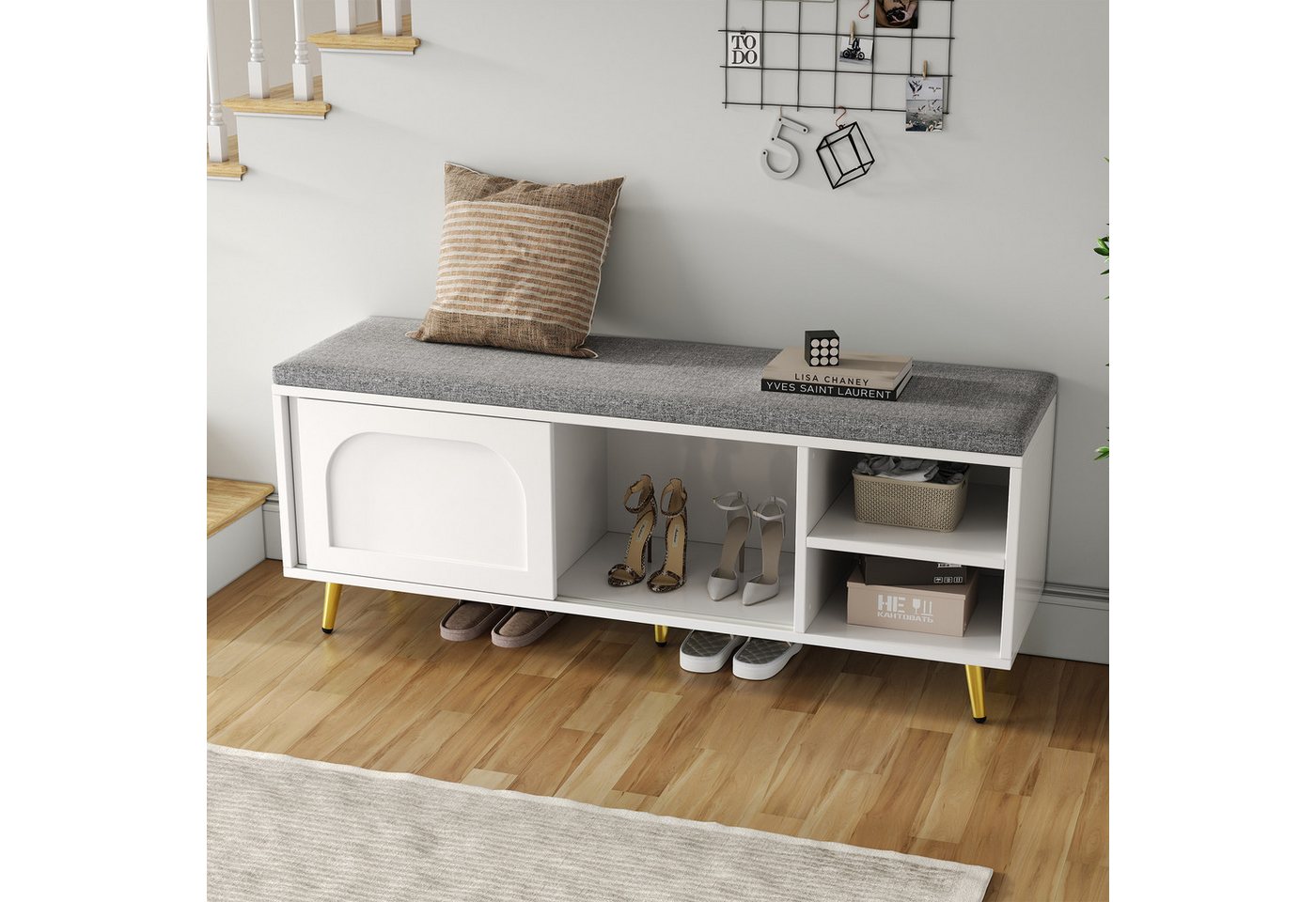 MODFU Schuhbank mit mehreren Ebenen zur Aufbewahrung (Flurbank in Weiß, Schuhregal für Schuhe, Taschen, 1-St., B121/D35/H49 cm), mit Sitzbank von MODFU