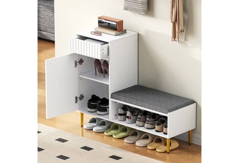 MODFU Schuhbank mit mehreren Ebenen zur Aufbewahrung (mit Sitzbank, gepolstert & modern, 1-St), mit 1 Tür, 1 Schubladen, 1 offenen Ablagefächern von MODFU