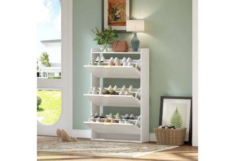 MODFU Schuhregal mit drehbarem Schuhschrank, Schuhkipper Weiß 3 Klappen, schmaler Schuhschrank, Platzsparend, Kippgeschütz 1-tlg., 3 umklappbare Schuhregale, Metallgriff von MODFU