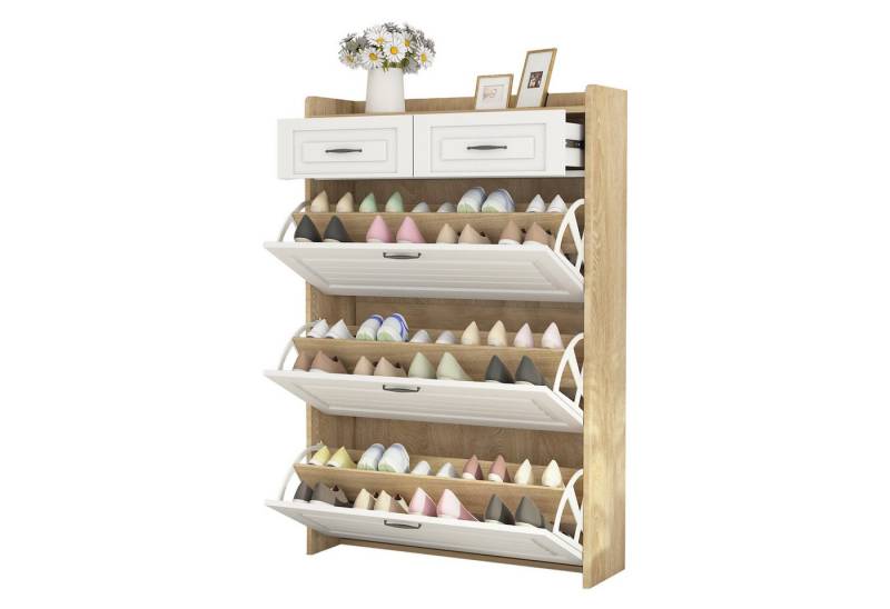 MODFU Schuhregal mit drehbarem Schuhschrank, Schuhkommode mit 3 drehbaren Regalen & 2 Schubladen, modernes minimalistisches Design mit Kippsicherung. 1-tlg., aus Holz, 2 Schubladen, 3 umklappbare Schuhregale, Metallgriff von MODFU