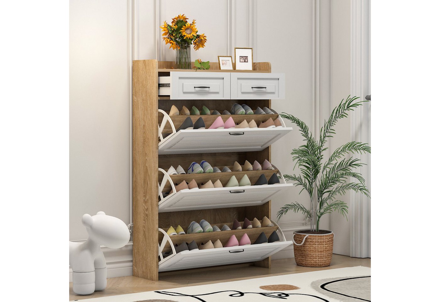MODFU Schuhregal mit drehbarem Schuhschrank, Schuhkommode mit 3 drehbaren Regalen & 2 Schubladen, modernes minimalistisches Design mit Kippsicherung. 1-tlg., aus Holz, 2 Schubladen, 3 umklappbare Schuhregale, Metallgriff von MODFU