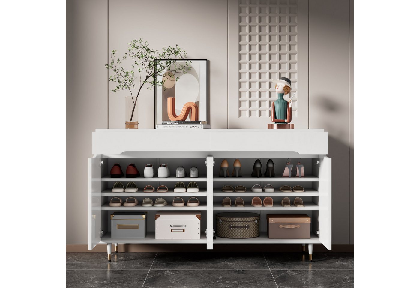 MODFU Schuhschrank Schuhschrank (Schuhregal, 1-St., mit zwei Türen, zwei Schubladen, verstellbaren Regalen) goldfarbenen Beinen von MODFU