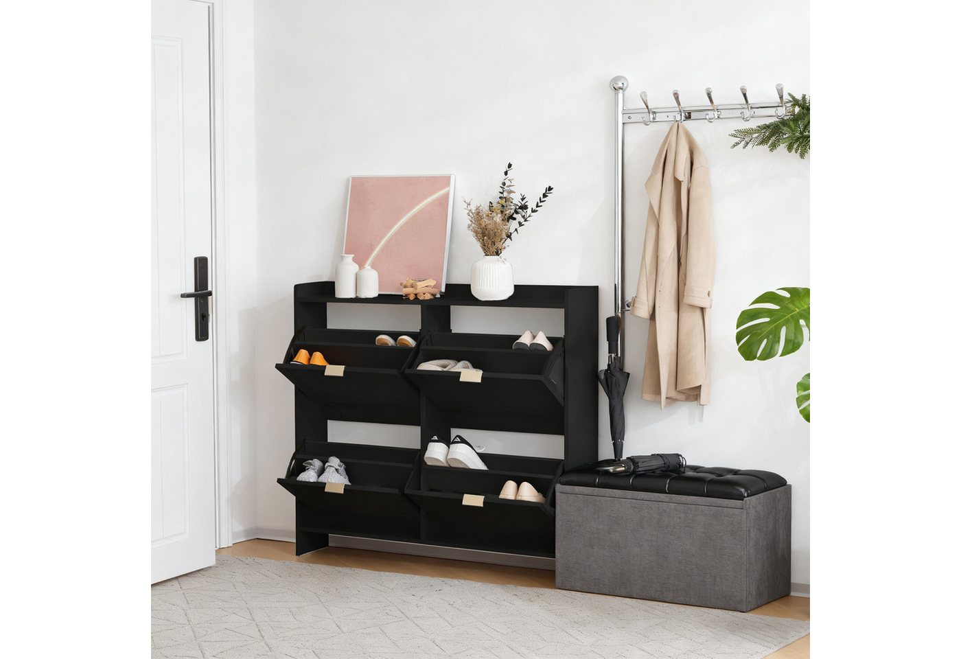 MODFU Schuhschrank Vielseitiger Kipp-Schuhregal (mit 4 Klappfächern & offenen Ablagen, platzsparendes Schuhregal für Flur & Eingangsbereich, 1-St., B110/H90/T24 cm) von MODFU