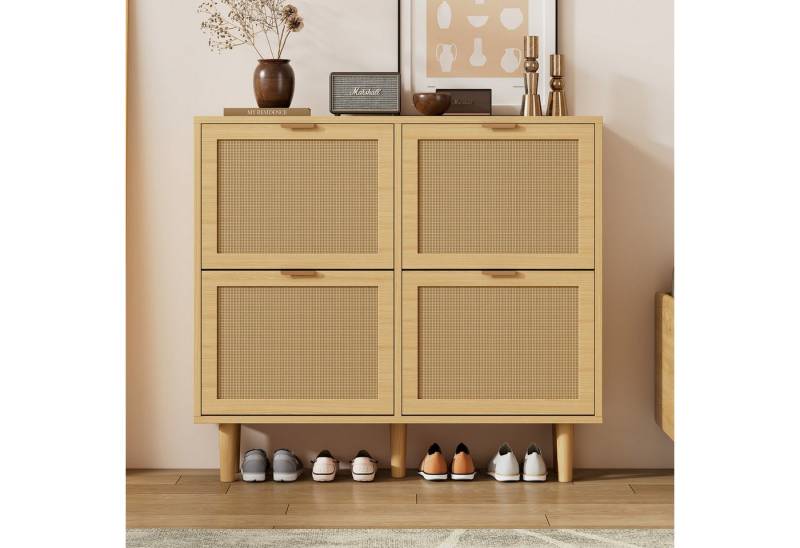 MODFU Schuhschrank aus Rattan (1-St., Maße: 100 x 25 x 90 cm) mit Metallgriffen und 4 Klappschubladen von MODFU
