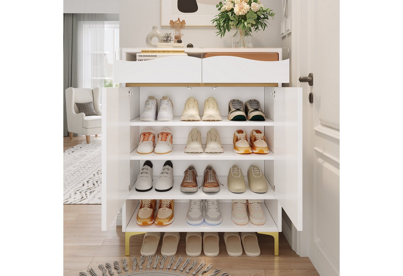 MODFU Schuhschrank mit goldenen Metallbeinen (Schuhregal, Schuhkommode, 1-St., mit Schubladen & Ablagen) mit LED 16 Farben von MODFU
